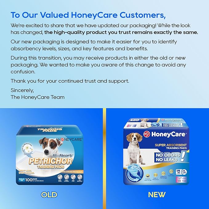 HONEY CARE All-Absorb Dog Pee Pads 22" x 23" (Pack of 14), Ultra Absorbent and Odor Eliminating Puppy Pads for Training, 5-Layer Leak-Proof Pee Pads with Quick-Dry Surface for Potty Training