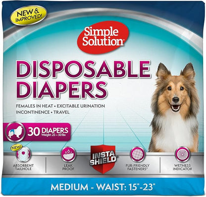 Simple Solution Female Dog Diapers – Disposable Leak-Proof Diapers for Incontinence, Potty Training, and Heat Cycle – Adjustable Fit for Medium Dogs with 15–23 Inch Waist – 30 Count (Pack of 12)