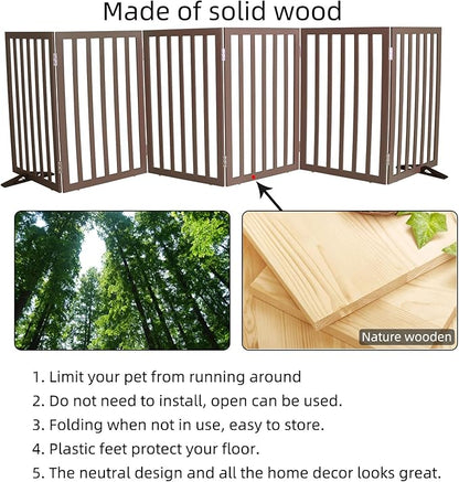 ZJSF Freestanding Indoor Dog Gate for House Foldable Wood Puppy Gate for Doorways Pet Gate for Stairs Extra Wide Pet Fence, Brown, 32" Height 6 Panels