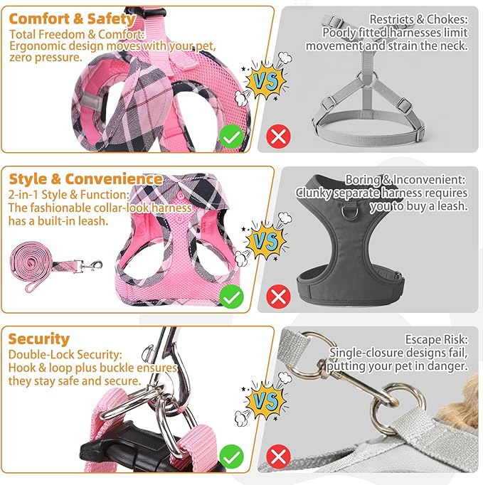 KOOLTAIL Small Dog Harness and Leash Set, Cute Pink Girl Puppy Harness, Step in No Pull Soft Mesh Pet Vest Harness Collar for Small Size Dogs Cats, Plaid Dog Halters for Outdoor Walking, Pink XS