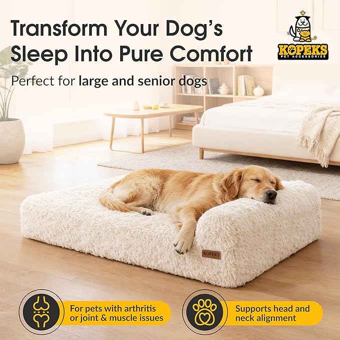 KOPEKS Orthopedic Memory Foam Dog Bed 7" Inch Thick Extra Large Dog Bed with Pillow Fluffy Brown 50"x34"x10" Includes Waterproof Liner & Durable Removable Cover with Smart Design