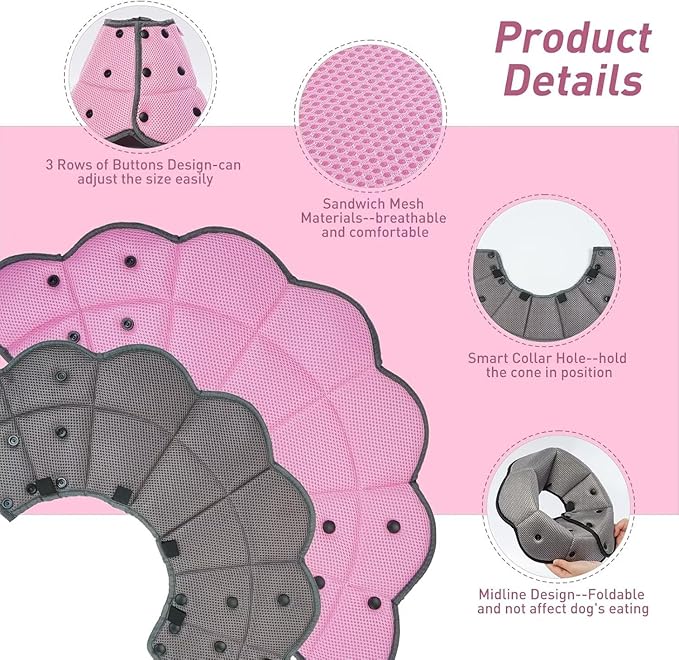 Dog Cone Collar After Surgery,Adjustable Soft Dog Cat Recovery Collar to Stop Licking Wounds,Comfortable Light-Weight Elizabethan Collar for Dogs Anti-Bite Lick Protective Wound,Pink,S