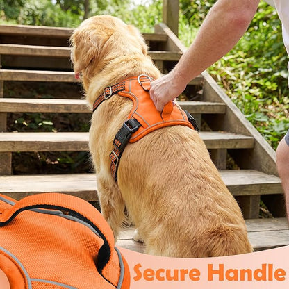 Funfox Dog Harness No Pull, Adjustable Pet Vest Harness, Super Soft Material with Vertical Handle Easy Control, Reflective Night Walking, 2 Leash Clips for XLarge Dogs, Orange, XL
