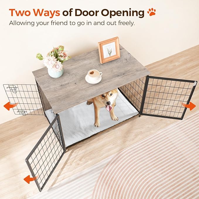 MAHANCRIS Dog Crate Furniture with Cushion, Wooden Dog Kennel with Double Doors, Heavy Duty Dog Cage for Small/Medium/Large Dogs, Indoor Dog House End Table, 39.4" L, Greige DCHG10701