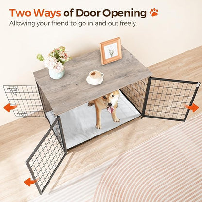 MAHANCRIS Dog Crate Furniture with Cushion, Wooden Dog Kennel with Double Doors, Heavy Duty Dog Cage for Small/Medium/Large Dogs, Indoor Dog House End Table, 39.4" L, Greige DCHG10701