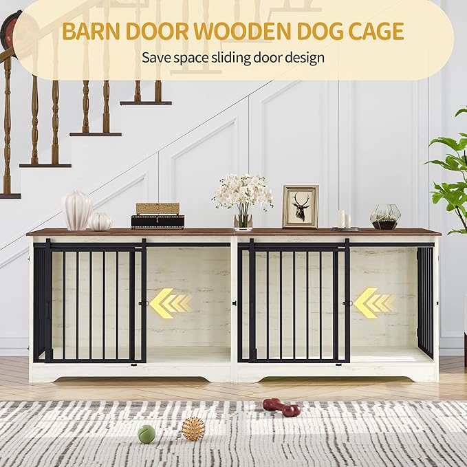 Hzuaneri 78" Dog Crate Furniture for 2 Dogs, Double Dog Cage with Divider, Wooden Heavy Duty Dogs Kennel, Pet Cage with Barn Door, TV Stand for Large Small Medium Dogs, White Brown DFC83714BV1