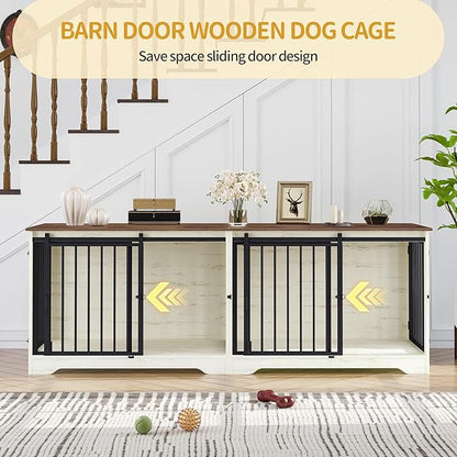 Hzuaneri 78" Dog Crate Furniture for 2 Dogs, Double Dog Cage with Divider, Wooden Heavy Duty Dogs Kennel, Pet Cage with Barn Door, TV Stand for Large Small Medium Dogs, White Brown DFC83714BV1