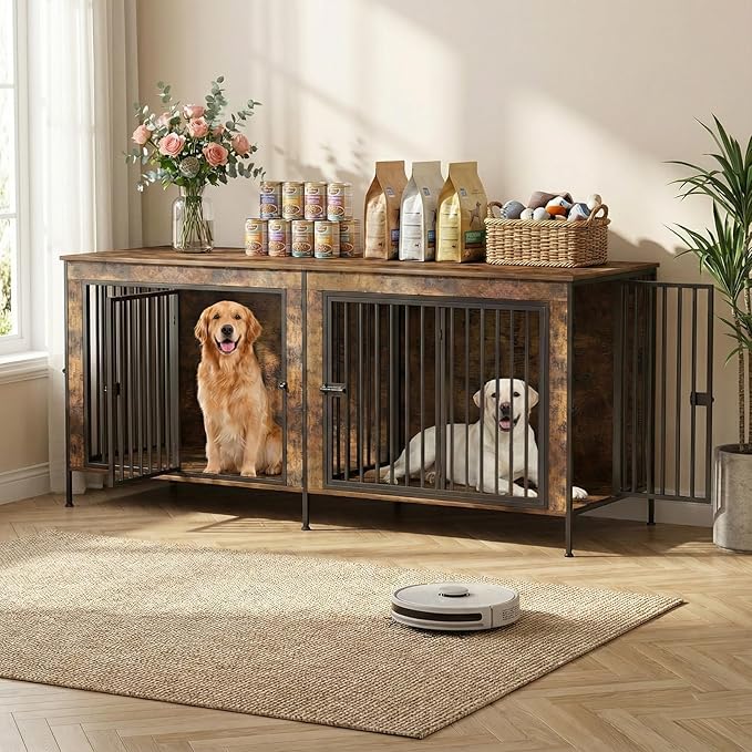 Dog Crate Furniture 78" Heavy Duty for 2 Large Dog, Sturdy Indoor Dog Kennel Table with 3 Doors, Elevated Robot Vacuum Friendly Base, Decorative Cage TV Stand & End Table, Rustic Brown