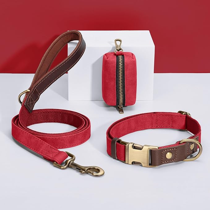 Didog Soft PU Leather Dog Collars for Medium Dogs,Classic Adjustable Dog Collars with Quick Release Metal Buckle,Easy Clean and Comfortable with Nylon Lining,Red,M Neck 14-19"