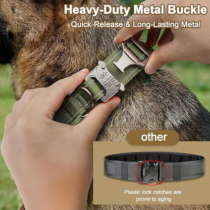KCUCOP Heavy Duty Tactical Dog Collar and Leash Set, Military Training Nylon Reflective Collar with Handle Metal Buckle for Medium Large Dogs, Green, XL (1 Patch Included)