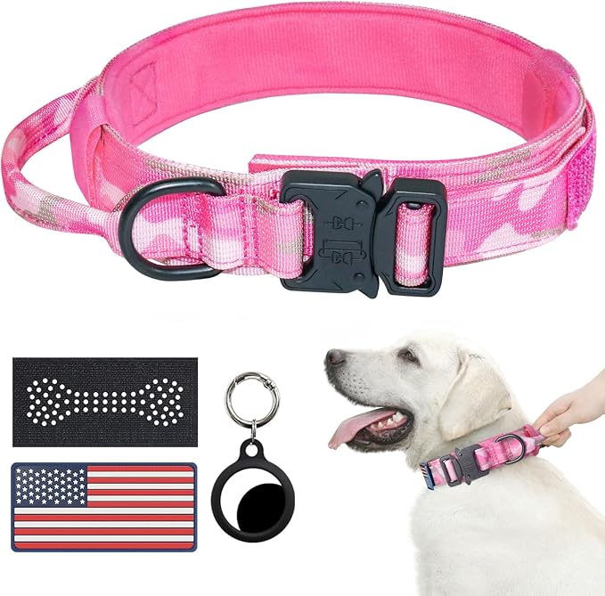 Hotsky Tactical Dog Collar, Adjustable Military Training Nylon Airtag Collar with Handle and Heavy Duty Metal Buckle for Medium Large Dogs, with Airtag Holder and Two Patches （Pink Camo,L）