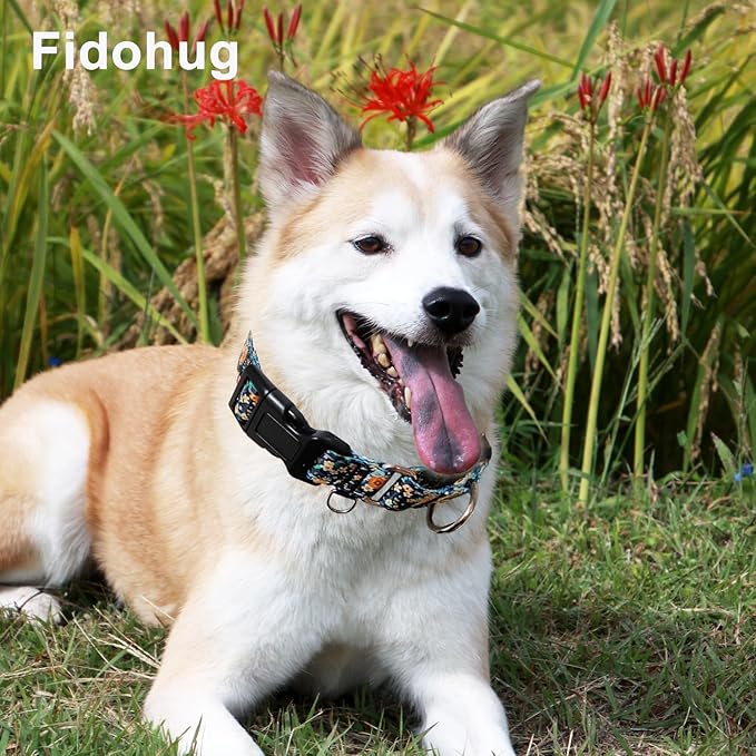 Reflective Martingale Dog Collar with Buckle Soft Nylon Floral No Slip Dog Collars for Large Dogs (Black Orange Flowers, L)