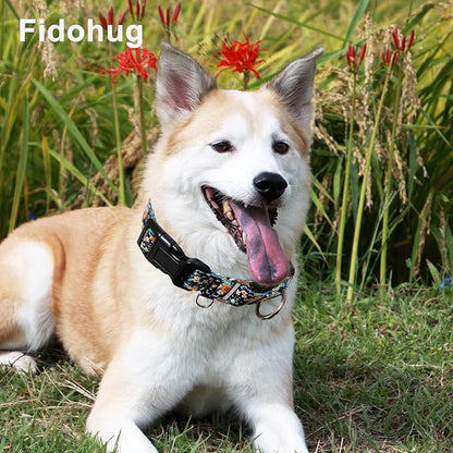 Reflective Martingale Dog Collar with Buckle Soft Nylon Floral No Slip Dog Collars for Medium Dogs (Black Orange Flowers, M)