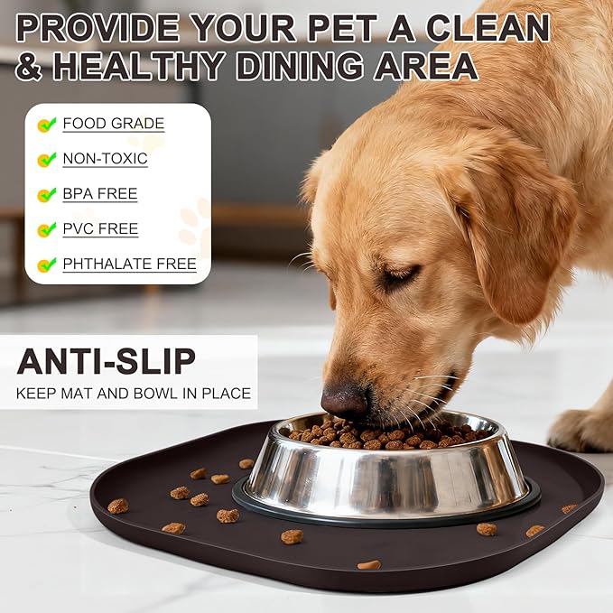 SMILOOL Small Silicone Pet Food Mat with Raised Edge for Food and Water Bowl, Square Dog Feeding Mats, Cat Food Trays for Floor Waterproof, Rubber Tray for Dogs and Cats, 12 x 12 x 0.7 Dark Brown
