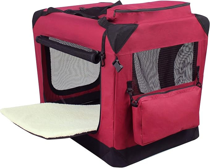 EliteField 3-Door Folding Soft Dog Crate with Carrying Bag and Fleece Bed (2 Year Warranty), Indoor & Outdoor Pet Home (30" L x 21" W x 24" H, Maroon)