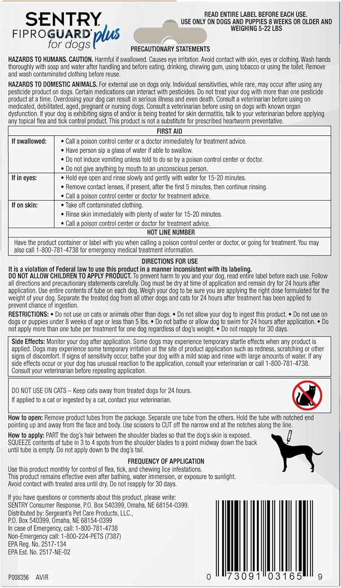 Sentry Fiproguard Plus for Dogs, Flea and Tick Prevention for Dogs (5-22 Pounds), Includes 6 Month Supply of Topical Flea Treatments