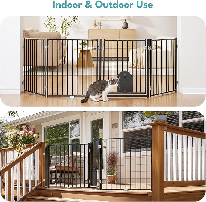 No Pawblems Free Standing Dog Gate with Cat Door, 30'' Tall Foldable Dog Fence for Indoor & Outdoor, Up to 104 Inch Extra Wide Puppy Gate for Stairs, Hallways, Doorways, Deck, Yard (Black, 4 Panels)
