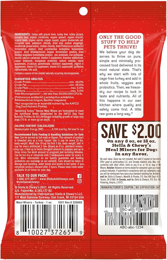 Stella & Chewy's Freeze-Dried Raw Tantalizing Turkey Meal Mixers- Dog Food Topper and Mixer - Made with 95% Cage-Free Turkey, Organs & Bone - Perfect for Picky Eaters - Grain-Free - 1 oz (Pack of 2)
