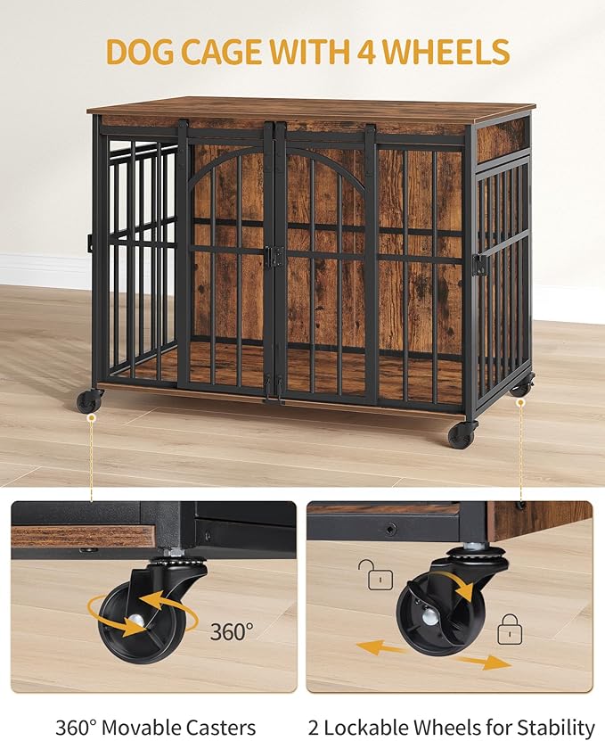 Hzuaneri 37.4" Dog Crate Furniture with Wheels, Wooden Pet Cage Indoor with Barn Door, L Dog Kennel Heavy Duty, Decorative Pet Crate for Small/Medium Dogs, End Table TV Stand, Rustic Brown DFC86201B