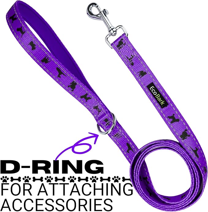 EcoBark Dog Leash - Soft & Reflective Comfort Leashes with Padded Handle - Safe, Strong, & Durable for Small, Medium or Large Dogs (Purple)