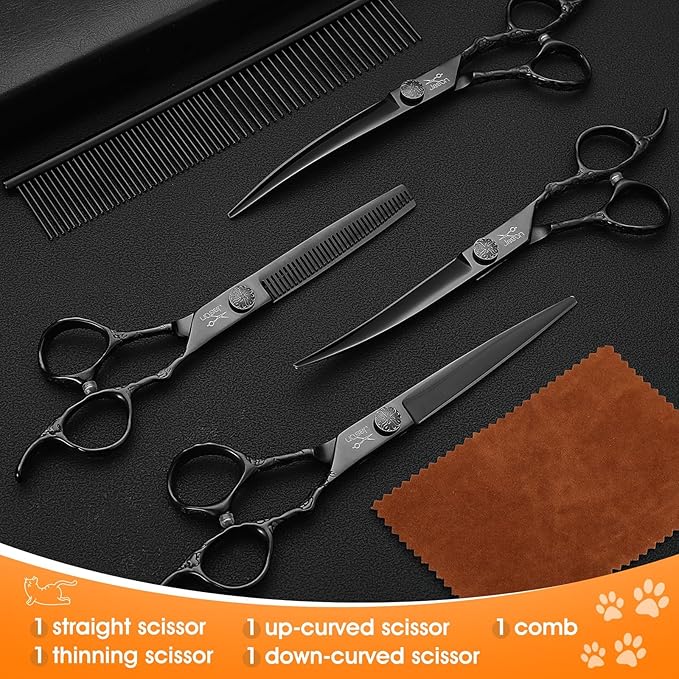 JASON Dog Grooming Scissors Set Professional 6 in 1 Dog Shears Kit - 6.5" Thinning, 7" Straight, 7" Up-Curved, 7" Down-curved Shears and Comb for Cat Pet with Adjustable Screw (Black) Christmas
