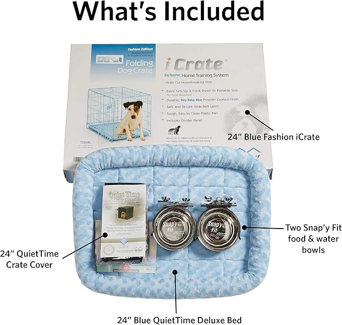 MidWest Homes for Pets Blue Fashion iCrate Starter Kit, 24-inch Dog Crate Bundle for Small Dogs, Includes Cage, Pet Bed, 2 Bowls and Privacy Cover
