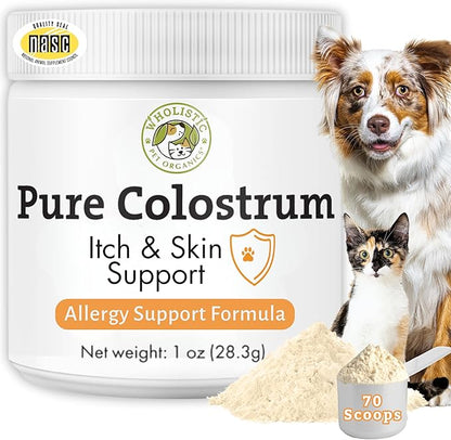 Wholistic Pet Organics Colostrum for Dogs & Cats - Bovine Colostrum Powder - Cat & Dog Allergy Relief, Immune Support & Itching Skin Relief - Cat and Dog Vitamins for Itchy Skin - 1 oz - 70 Scoops