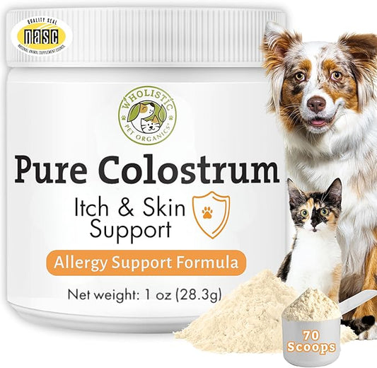 Wholistic Pet Organics Colostrum for Dogs & Cats - Bovine Colostrum Powder - Cat & Dog Allergy Relief, Immune Support & Itching Skin Relief - Cat and Dog Vitamins for Itchy Skin - 1 oz - 70 Scoops