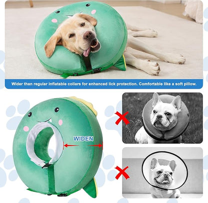 Dog Cone Inflatable Widen Dog Neck Donut Collar, Soft Cone Alternative After Surgery for Large Medium Small Dogs to Stop Licking, Dinosaur, Medium