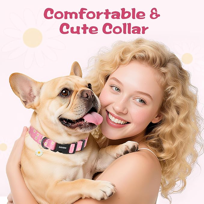 Kazazoo Dog Collar Cute and Soft Nylon Puppy Collar Girl, Adjustable Dog Collars for Small Medium Dogs, Pink Daisy-M