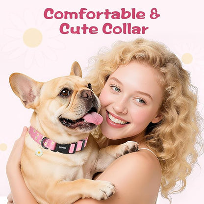 Kazazoo Dog Collar Cute and Soft Nylon Puppy Collar Girl, Adjustable Dog Collars for Small Medium Dogs, Pink Daisy-M