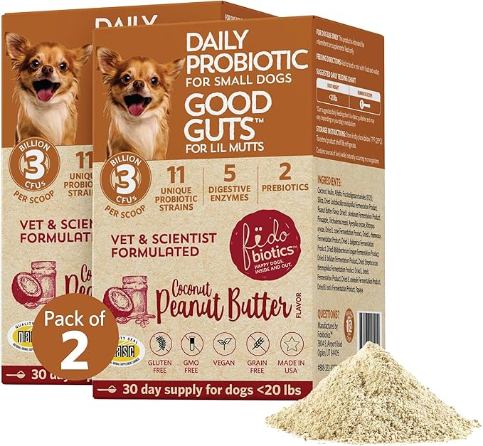 Fidobiotics Good Guts for Lil Mutts Probiotic for Dogs, Billions of CFUs, 11 Strains, 5 Digestive Enzymes, 2 Prebiotics, Digestive Gut Health for Dogs, Adult & Puppy Probiotics Supplements - Pack of 2