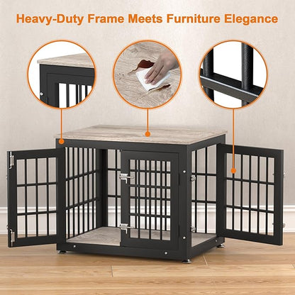 rehomerance 26 Inch Heavy Duty Dog Crate Furniture for Small Dogs, Decorative Pet House End Table, Wooden Cage Kennel Furniture Indoor with Double Doors, Grey