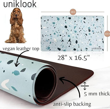 Large Pet Placemat Food & Water, Dog Cat Food Mat for Pet Bowls 28" X 16.5" Waterproof Easy to Clean Dog Mat for Bowl Food Water Terrazzo Blue Uniklook