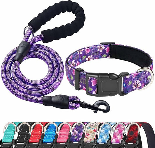 Ladoogo Reflective Dog Collar Padded with Soft Neoprene Breathable Adjustable Nylon Dog Collars for Small Medium Large Dogs (X-Small (Pack of 1), Purple/Pink Floral Collar+Leash)