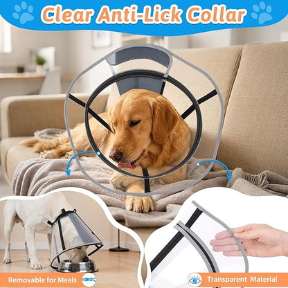 Extended Dog Cone to Stop Licking, Adjustable Depth, Transparent Recovery Collar for Large Medium Dogs, Soft E-Collar After Surgery Neuter with Reflective Strip for Night Visibility L