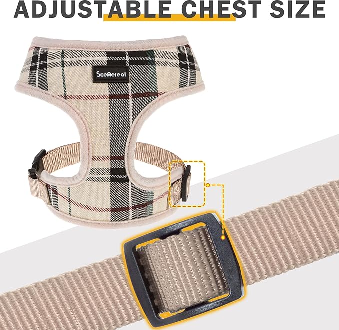 SCENEREAL Puppy Dog Harness with Leash Set for Small Medium Sized Dogs, Soft Mesh Pet Harnesses and Leash, No Chock Plaid Adjustable No Pull Vest for Dogs Cats, Chihuahua,Bulldog (Beige M)