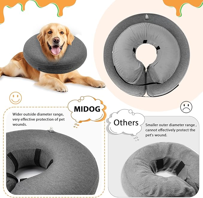 MIDOG Dog Cone - Inflatable Soft Donut Collar Alternative for Dogs After Surgery, Protective Recovery Collar Prevents Licking, Comfortable E-Collar Alternative for Small Medium Large Dogs (Gray, M)