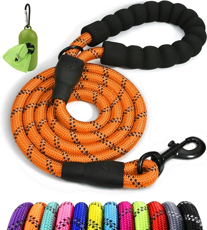 Taglory Rope Dog Leash 5 FT with Comfortable Padded Handle, Highly Reflective Threads Leash and Anti-Tangle Clip for Walking Medium Large Dogs, 1/2 inch, Orange