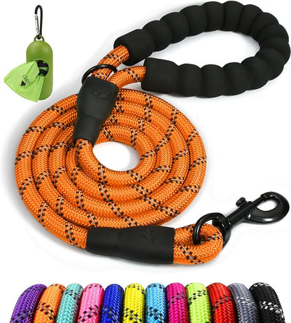 Taglory Rope Dog Leash 5 FT with Comfortable Padded Handle, Highly Reflective Threads Leash and Anti-Tangle Clip for Walking Medium Large Dogs, 1/2 inch, Orange