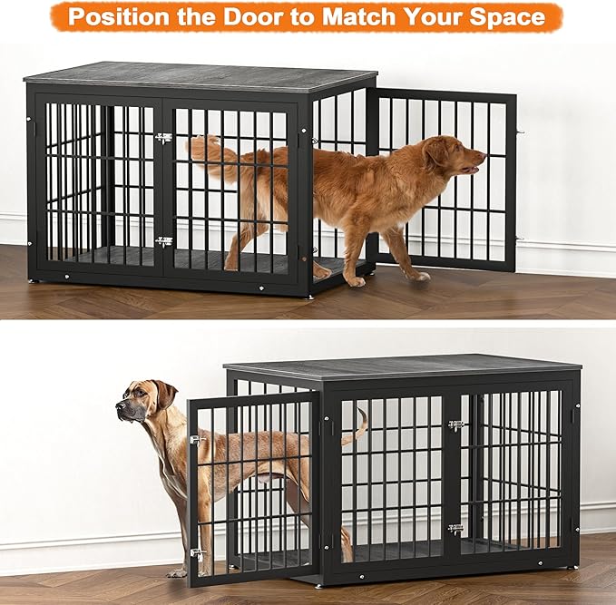 rehomerance 48 Inch Heavy Duty Dog Crate Furniture for Large Dogs, Decorative Pet House End Table, Extra Large Wooden Cage Kennel Furniture Indoor, Black and Gray