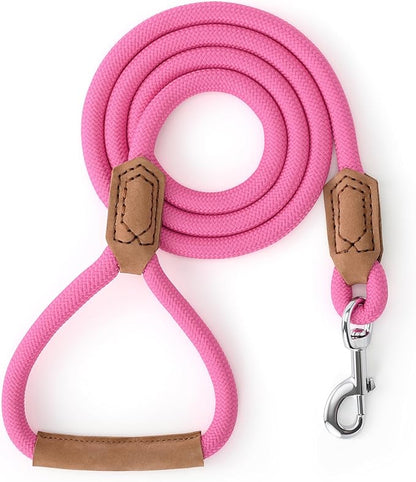Mile High Life Leather Dog Leash, Heavy Duty Strong Genuine Leather Handle Rope Leash Soft and Comfortable for Small Medium Large Dogs (Hot Pink, 60 Inch)