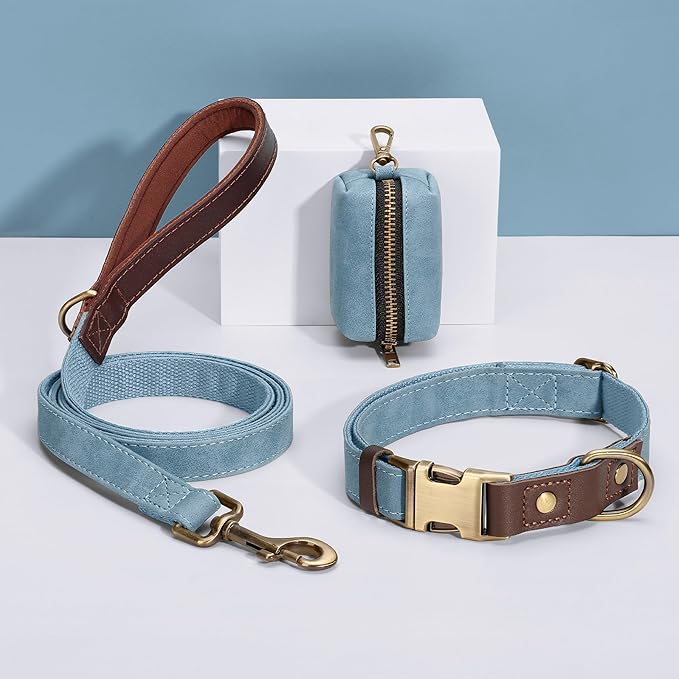 Didog Soft PU Leather Dog Collars for Medium Dogs,Classic Adjustable Dog Collars with Quick Release Metal Buckle,Easy Clean and Comfortable with Nylon Lining,Denim Blue,M Neck 14-19"
