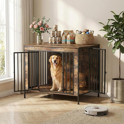 Dog Crate Furniture Heavy Duty for Large Dog, Sturdy Indoor Kennel Table with Dual Doors, Elevated Robot Vacuum Friendly Base, Decorative Cage TV Stand & End Table, Rustic Brown