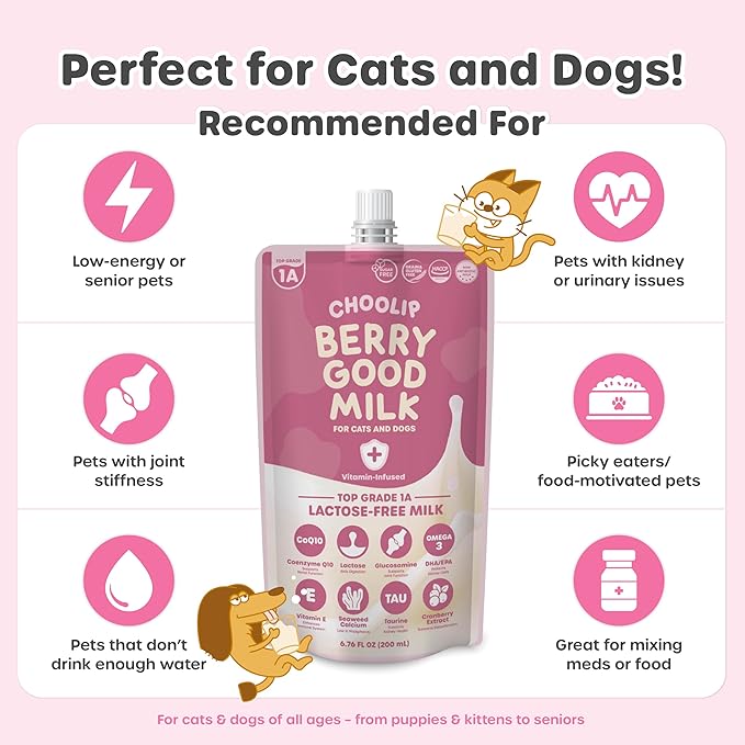 Choolip Berry Good Milk for Cats & Dogs – 10-Pack Lactose-Free Pet Milk, 200ml Pouches – Vet-Formulated Hydrating Drink with Cranberry, CoQ10, Glucosamine & Omega-3
