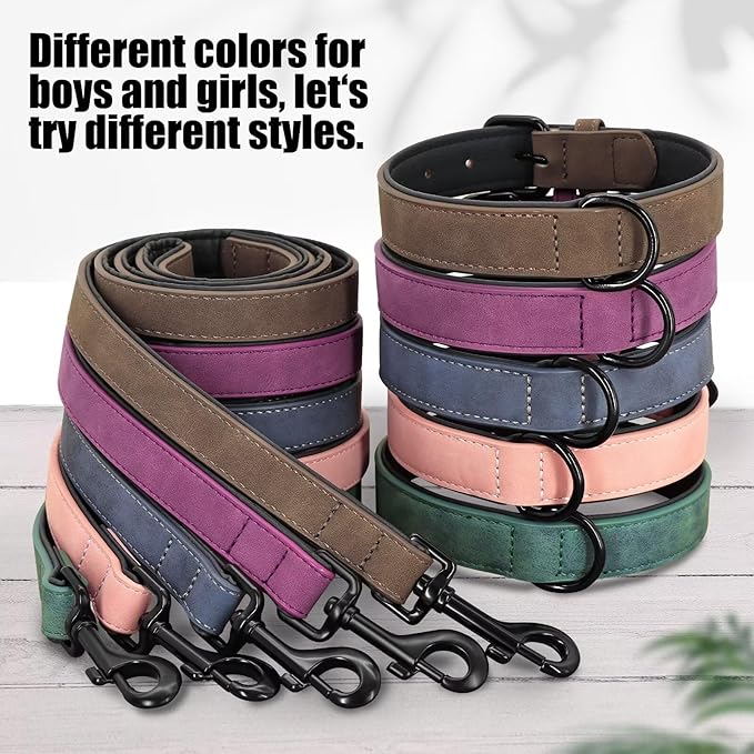 Didog Soft Padded Leather Dog Collar and Leash Set,Adjustable Dog Lead and Collar Set with Metal Buckle, Breathable Pink Pet Collars with 4FT PU Leather Leash for Medium Large Dogs, Pink, L