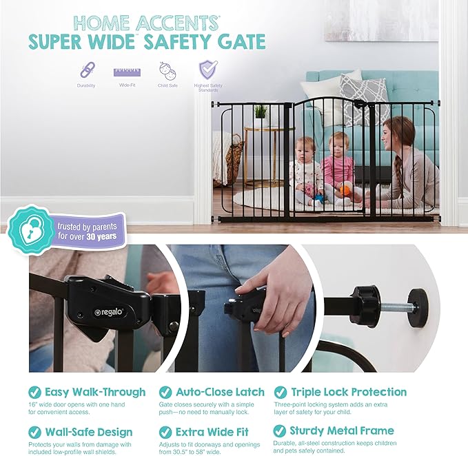 Regalo Safety 30.5-58" Extra Wide Arch Baby Gate with Door, Pressure Mount Walk Through Gate for Doorways & Bottom of Stairs, Babies, Toddlers & Pets, Tested & Safe, American Designed, American Owned