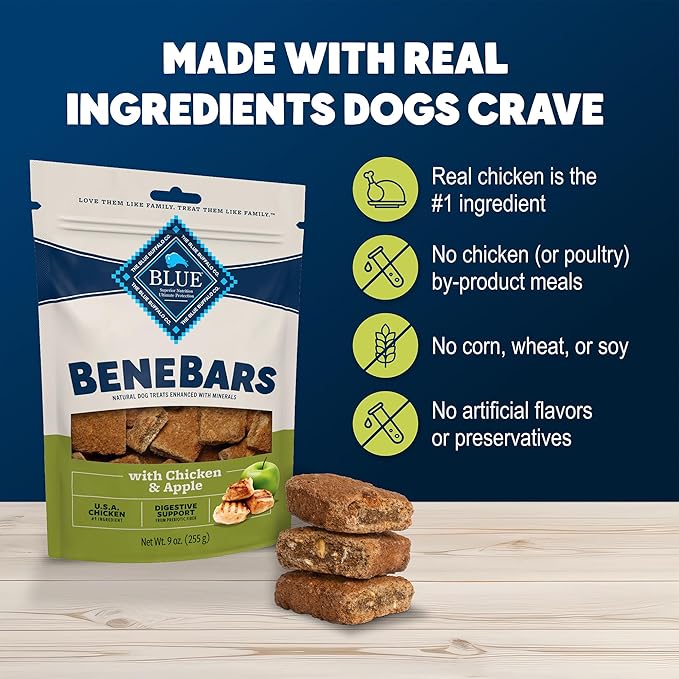 Blue Buffalo BeneBars Digestive Support Dog Treats with Prebiotic Fiber,Made with Natural Ingredients,USA Chicken & Apple,9-oz Bag,(Pack of 2)