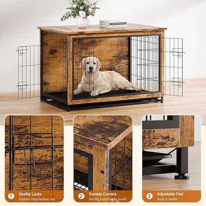 Vongrasig Dog Crate Furniture, Side End Table, Modern Wooden Kennel for Dogs Indoor, Heavy-Duty Dog Cage with Multi-Purpose Removable Tray, Double-Door Dog House, Rustic Brown