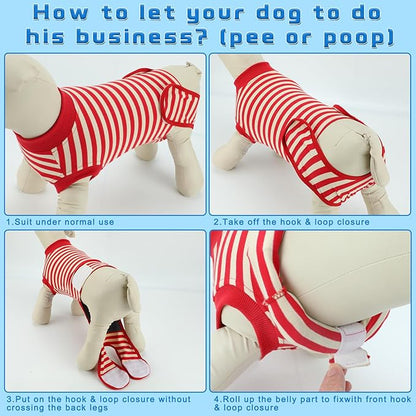 2 Packs Breathable Cotton Dog Recovery Suit for After Neuter Spay Abdominal Wounds Protector, Professional Anti-Licking Onesies for Male Female Pets Surgery Bandages, L Red & Blue Stripes
